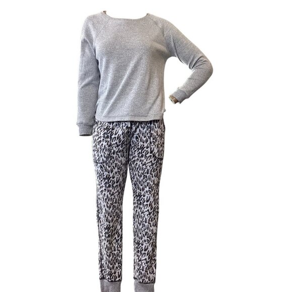 Live Love Lounge by Karen Neuberger 2-Piece Set Solid/Leopard Sz S Gray #49P - Picture 1 of 10